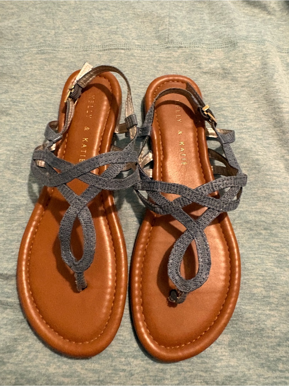 Kelly & Katie Blue Braided T-Strap Sandals with Brown Footbed